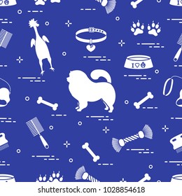 Pattern of silhouette chow-chow dog, bowl, bone, brush, comb, toys and other items to care for pet. Design for banner, poster or print.