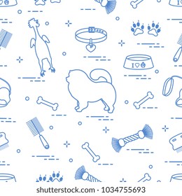 Pattern of silhouette chow-chow dog, bowl, bone, brush, comb, toys and other items to care for pet. Design for banner, poster or print.