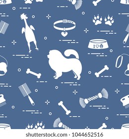 Pattern of silhouette chow-chow dog, bowl, bone, brush, comb, toys and other items to care for pet. Design for banner, poster or print.