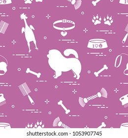 Pattern of silhouette chow-chow dog, bowl, bone, brush, comb, toys and other items to care for pet. Design for banner, poster or print.
