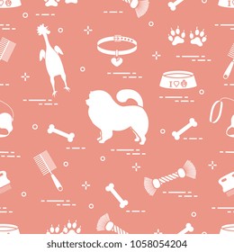 Pattern of silhouette chow-chow dog, bowl, bone, brush, comb, toys and other items to care for pet. Design for banner, poster or print.