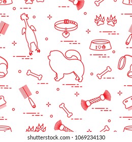 Pattern of silhouette chow-chow dog, bowl, bone, brush, comb, toys and other items to care for pet. Design for banner, poster or print.