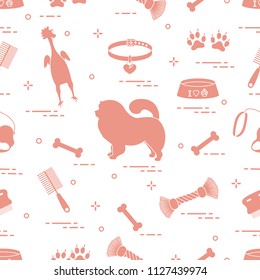 Pattern of silhouette chow-chow dog, bowl, bone, brush, comb, toys and other items to care for pet. Design for banner, poster or print.