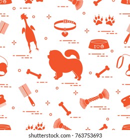 Pattern of silhouette chow-chow dog, bowl, bone, brush, comb, toys and other items to care for pet. Design for banner, poster or print.