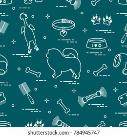 Pattern of silhouette chow-chow dog, bowl, bone, brush, comb, toys and other items to care for pet. Design for banner, poster or print.