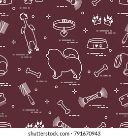 Pattern of silhouette chow-chow dog, bowl, bone, brush, comb, toys and other items to care for pet. Design for banner, poster or print.