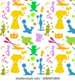 Pattern silhouette of circus, clowns, animals, seals, elephants, inflatable balls, balls, tiger hides through flames, entertaining toys, sweets, drinks, monkey. Modern vector flat image isolated