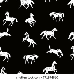 Pattern with silhouette horses in various poses and motion. Seamless black and white vector background with hand drawing horses. England equestrian sport traditional style for trendy fashion fabric.