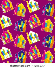 Pattern with silhouette house, bottle, glass. Vector illustration. Background with silhouette.