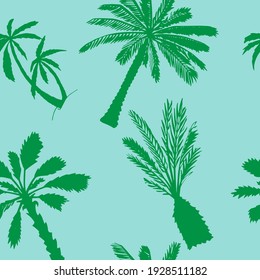 pattern silhouette of palm tree, coconut and a pineapple sketch for design, website, background, banner. Hand drawing floral on beach. Travel and vacation ink element template. Isolated on blue