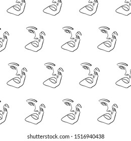 Pattern with silhouette woman face drawn by one continuous line. 