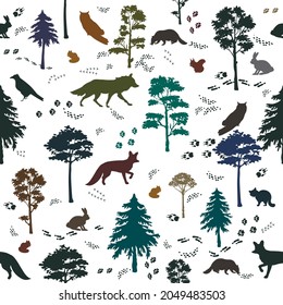 Pattern of silhouettes of animals and trees in dark colors on a transparent background.
Animals seamless pattern in the forest. Vector illustration.