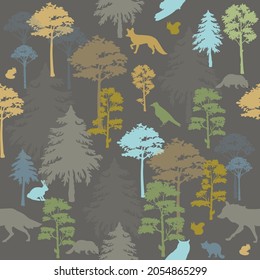 Pattern of silhouettes of animals and trees in the forest.
Animals seamless pattern in the forest. Vector illustration.