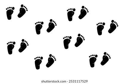 Pattern silhouettes of baby footprints on a white background. There are two baby footprints facing different directions, with the toes clearly visible. The design is simple and minimalist