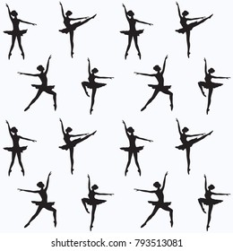 Pattern - silhouettes of ballerinas - white background - vector art illustration.