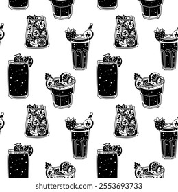 pattern with silhouettes of black drinks on white. Seamless texture of drinks for bar, restaurant. glasses are chaotic. Silhouettes of glass glasses with cozy drinks Printing for menu packaging, paper