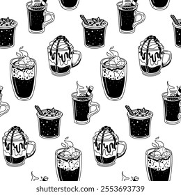 pattern with silhouettes black drinks without alcohol on white. Seamless texture of drinks bar, restaurant. glasses chaotic. Silhouettes of glass glasses with cozy drinks. Printing for menu packaging