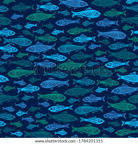 pattern silhouettes of colorful fish: 
blue, light blue and green silhouettes on dark background