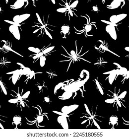 Pattern with silhouettes of insects.Vector black background with a pattern of white silhouettes of insects.