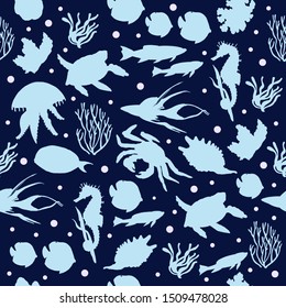 Pattern with silhouettes of sea animals. Manual graphics. Sketches. Sea animals, corals and algae.Seamless pattern for decorating various surfaces.