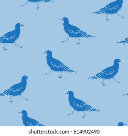 The pattern of silhouettes of sea gulls  walking, blue and white color on a blue background