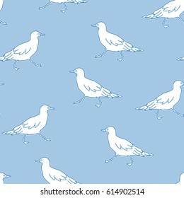The pattern of silhouettes of sea gulls  walking, blue and white color on a light  blue background
