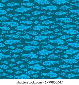 pattern silhouettes of swimming fish: 
light blue silhouettes on turquoise background