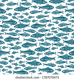 pattern silhouettes of swimming fish: 
turquoise silhouettes on white background