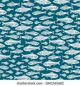 pattern silhouettes of swimming fish: 
white silhouettes on turquoise background