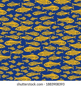 pattern silhouettes of swimming fish: 
yellow silhouettes on dark blue background