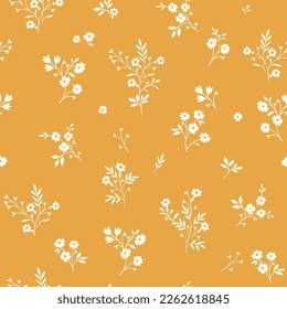 A pattern of silhouettes of white flowers on a light brown background.