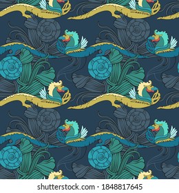 Pattern for silk and other fabrics in oriental style with stylized dragons and ornaments. Blue, green colors.