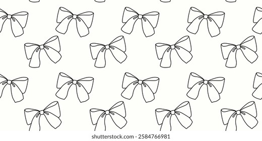 Pattern of simple black outlined bows on a white background in a repeated design
