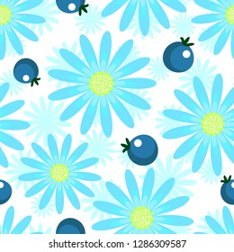 The pattern is simple with blue abstract daisies and berries on a white background. For wrapping paper, textile print, fabric, covers, background, Wallpaper. 