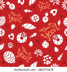 Pattern with simple Christmas tree toys, and lettering.Vector illustration on a red background. The design of prints, holiday flyers, invitations, covers, New Year packaging.