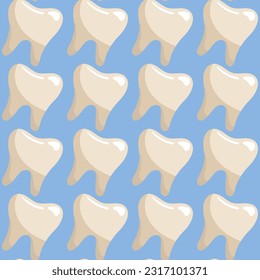 A pattern of simple clean teeth. Healthy teeth. The theme is healthy, clean teeth in a row. Cartoon vector illustration. Blue background for printing on fabric and wrapping paper. Seamless pattern