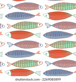 Pattern with simple colorful fish. Vector illustration. Fish day. For print.