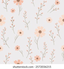 pattern of simple delicate flowers, leaves and branches hand drawn in line art style. botany