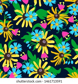 The pattern is simple floral seamless. Meadow flowers on a dark background. Daisies, cornflowers, bells. For fabric, textile, Wallpaper, wrapping paper, background, tablecloth, shawls.