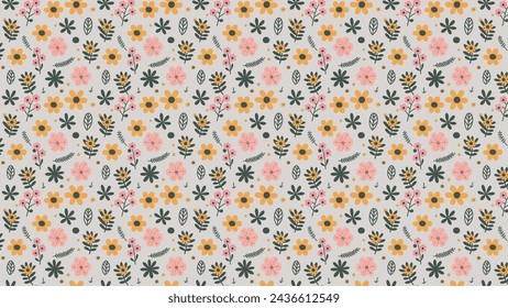 A pattern with simple flowers in pink, orange, yellow, and mixed greens on a light background, offering a chic, modern look.