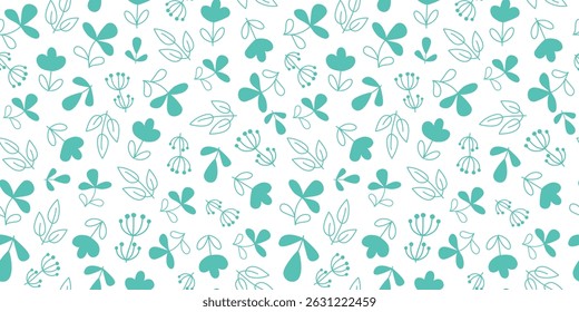Padrões flores simples, plantas, folhas, ramos. Textura sem emenda do vetor, fundo natural repetitivo.