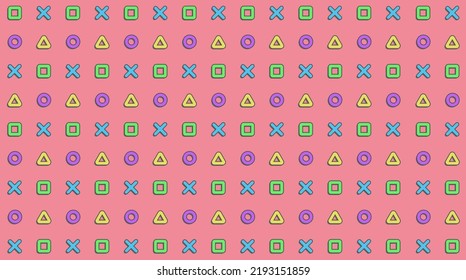 A pattern of simple geometric shapes square, circle, triangle, cross. Symbols on the buttons of the gamepad of the game console on a pink background. Geometric shape pattern