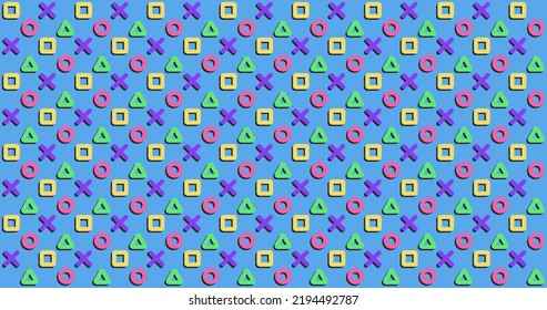 A pattern of simple geometric shapes square, circle, triangle, cross. Symbols on the buttons of the gamepad of the game console on a blue background.