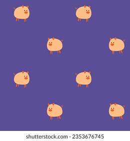 A pattern with a simple image of cute piglets on a purple background 