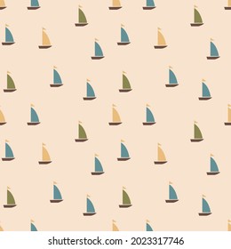 Pattern with simple minimalistic boats. Pattern with sailboats in beige, green and blue on an ivory background. Vector illustration for print design, packaging, wallpaper, textiles, baby boy s room.