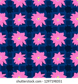 The pattern is simple with pink flowers on a blue background. for textiles, Wallpaper, background.