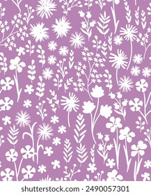 Pattern with simple pretty small flowers, little floral liberty seamless purple background. Spring, summer romantic blossom flower garden seamless pattern for textile, all cards,