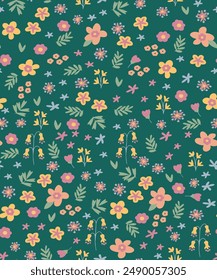 Pattern with simple pretty small flowers, little floral liberty seamless dark green background. Spring, summer romantic blossom flower garden seamless pattern for textile, all cards,