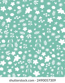 Pattern with simple pretty small flowers, little floral liberty seamless green background. Spring, summer romantic blossom flower garden seamless pattern for textile, all cards,