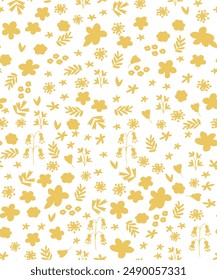 Pattern with simple pretty small yellow flowers, little floral liberty seamless white background. Spring, summer romantic blossom flower garden seamless pattern for textile, all cards,